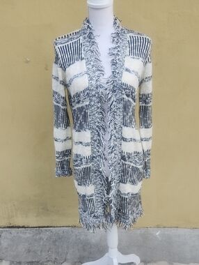 Cozy Striped Fringe Open-Front Cardigan Sweater - White & Navy